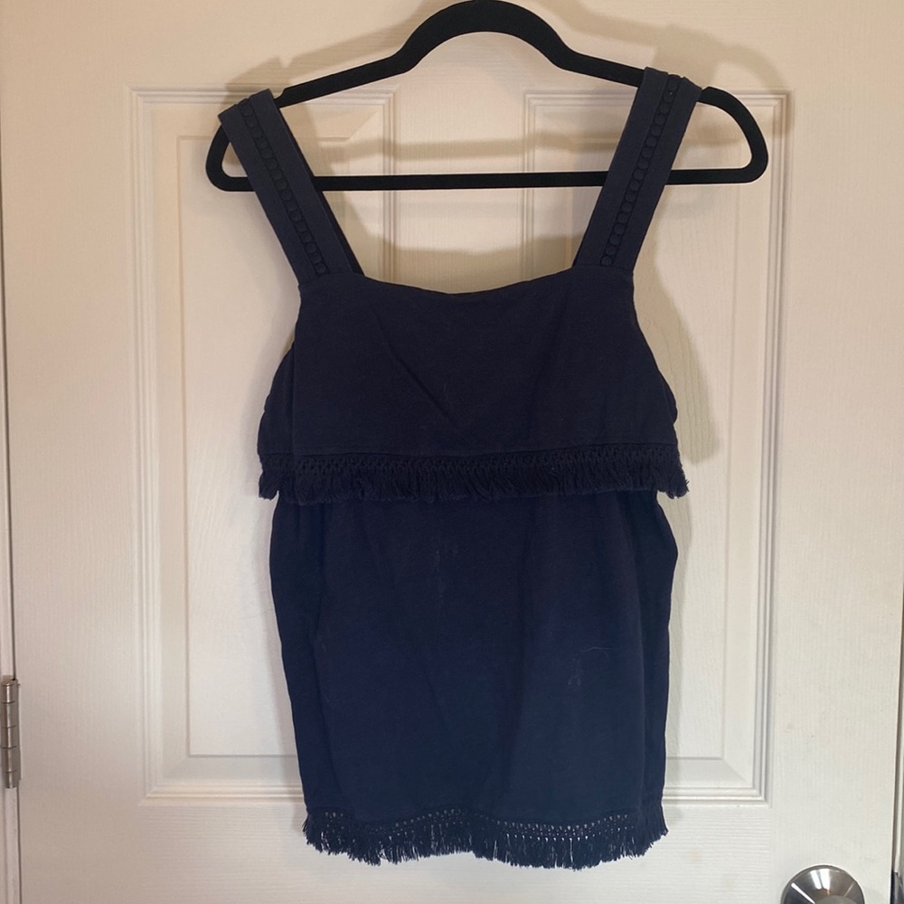 Jcrew cotton tiered fringe tank top with eyelet shoulders, navy blue, size XS
